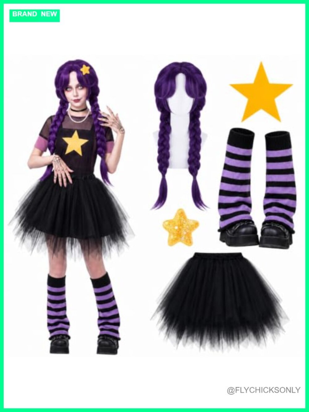 Newcotte Women's 5PC Horror Game Costume Set Purple Wig, Tutu Skirt, Socks